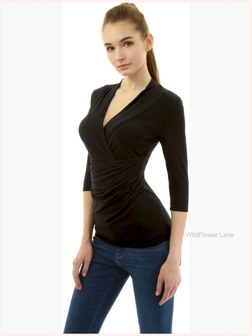 Women 3/4 Sleeve V-Neck Twist Front Pleated Blouse